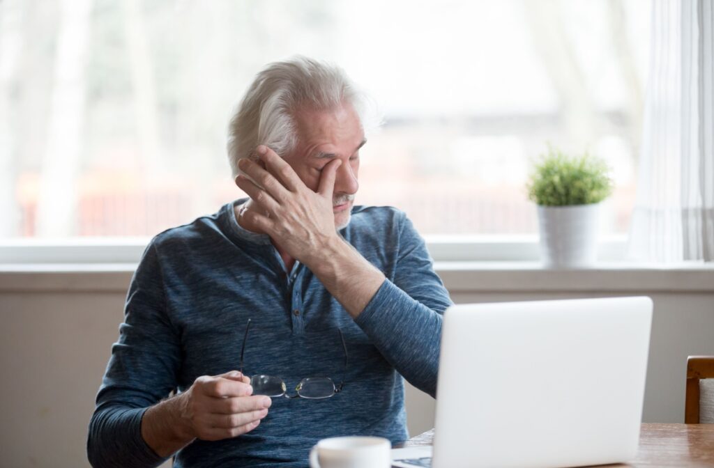 An adult sits at a table with a laptop, holding eyeglasses in one hand while rubbing their eye with the other.
