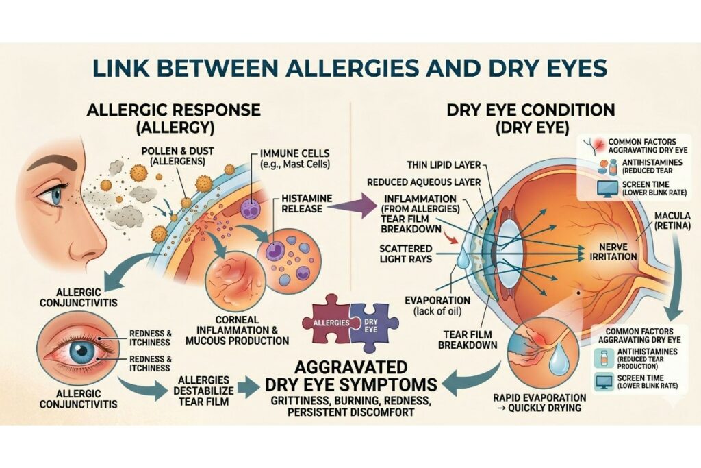 A detailed medical infographic explaining the link between allergies and dry eyes. The left side shows an allergic response triggered by pollen and dust, leading to allergic conjunctivitis. The right side illustrates a cross-section of the eye showing how inflammation, thin tear layers, and factors like antihistamine use and screen time cause dry eye symptoms. In the center, a puzzle piece graphic connects 'Allergies' and 'Dry Eye' to show how allergic reactions destabilize the tear film, resulting in aggravated symptoms like grittiness, burning, and discomfort.
