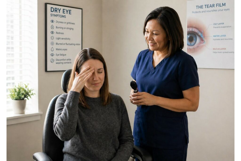 Optometrist examining a patient with light sensitivity from dry eye.