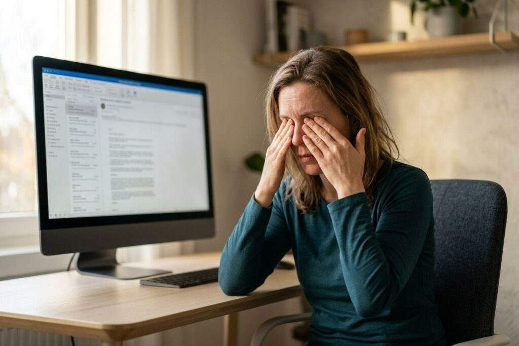 Adult sitting at a desk, pressing both hands over their eyes, with a desktop computer displaying an email inbox in the background.