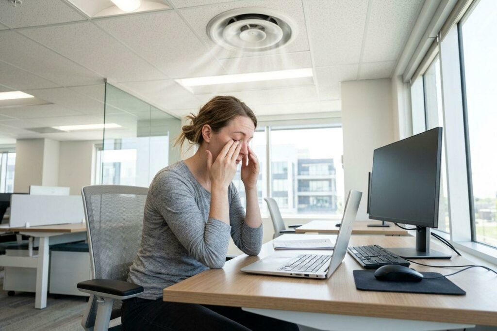 Adult sitting at an office desk, rubbing their eyes with both hands, laptop and monitor in front of them in an open-plan office.