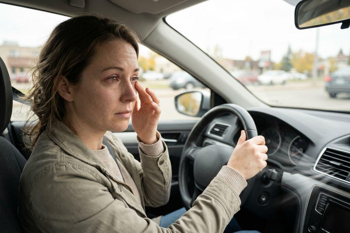Adult sitting in driver's seat of a car, rubbing one eye with fingers while holding the steering wheel, looking concerned.
