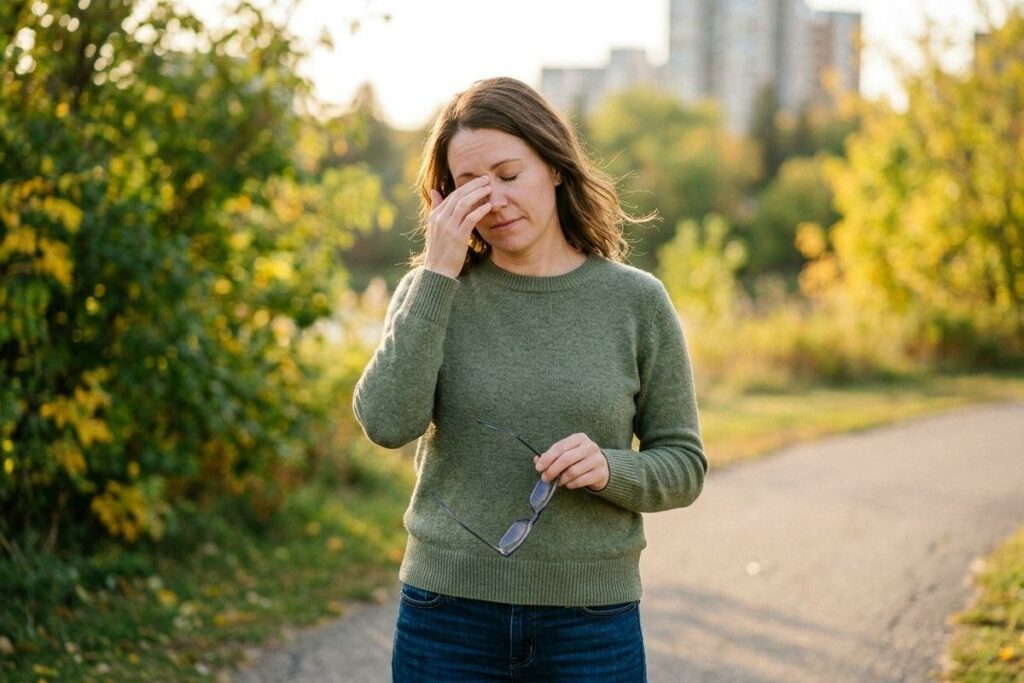 Adult standing on a park path, rubbing one eye with hand while holding eyeglasses, surrounded by autumn trees.