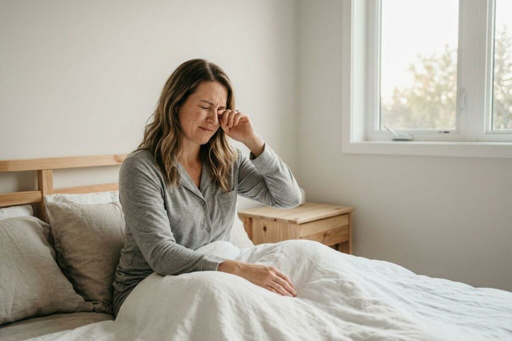 Person in gray pajamas sitting up in bed, rubbing one eye with a pained expression, beside a sunlit window.