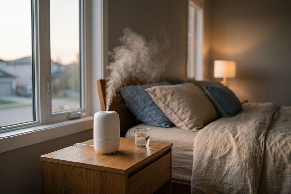 White humidifier emitting mist on a wooden nightstand beside a glass of water, next to a bed with pillows in a dim bedroom.