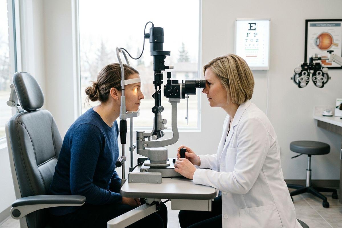 Optometrist examines a patient's eyes using a slit lamp in an exam room with an eye chart on the wall.