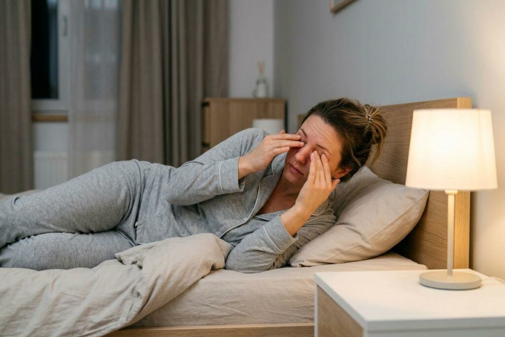 Person in gray pajamas lying in bed at night, rubbing their eyes, beside a lit lamp.