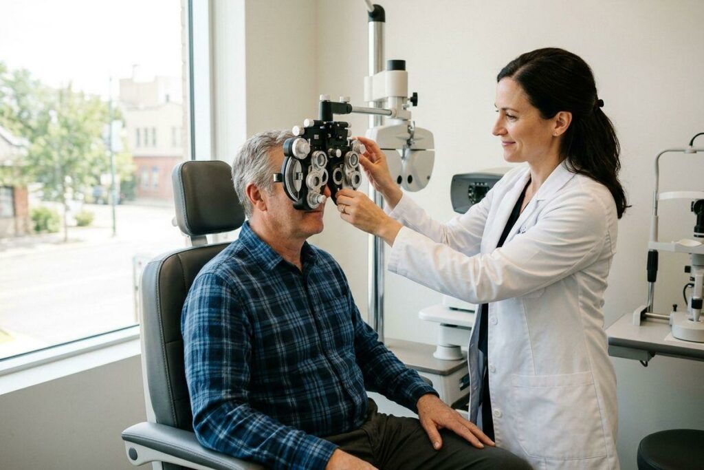 Optometrist adjusting a phoropter for a seated patient during an eye exam by a window.