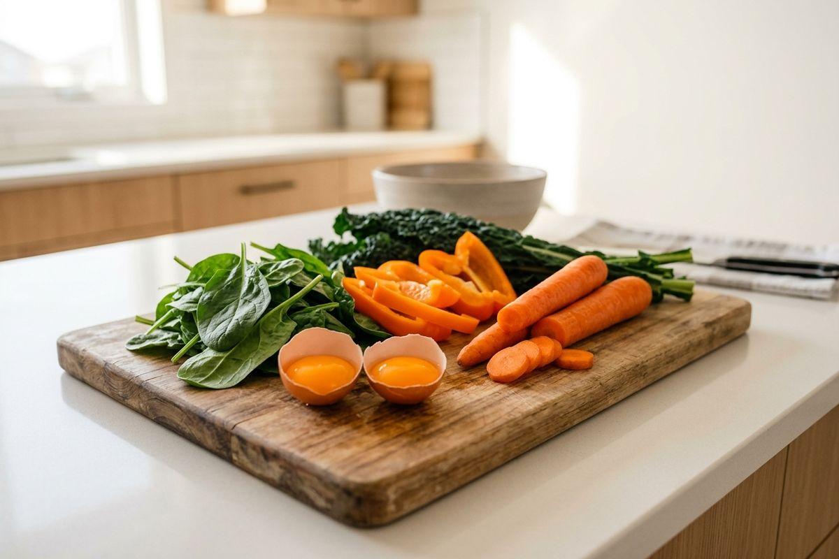 Spinach, kale, sliced bell pepper, carrots, and cracked egg yolks on a wooden board on a kitchen counter.